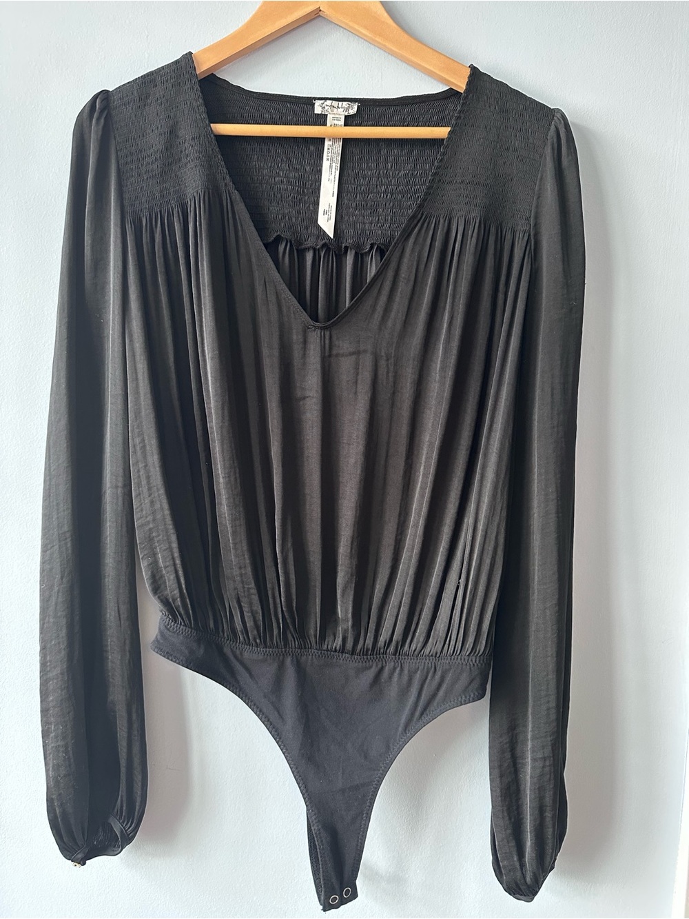 Free People Intimately Smocked Long Sleeve Bodysuit Black Thong XS